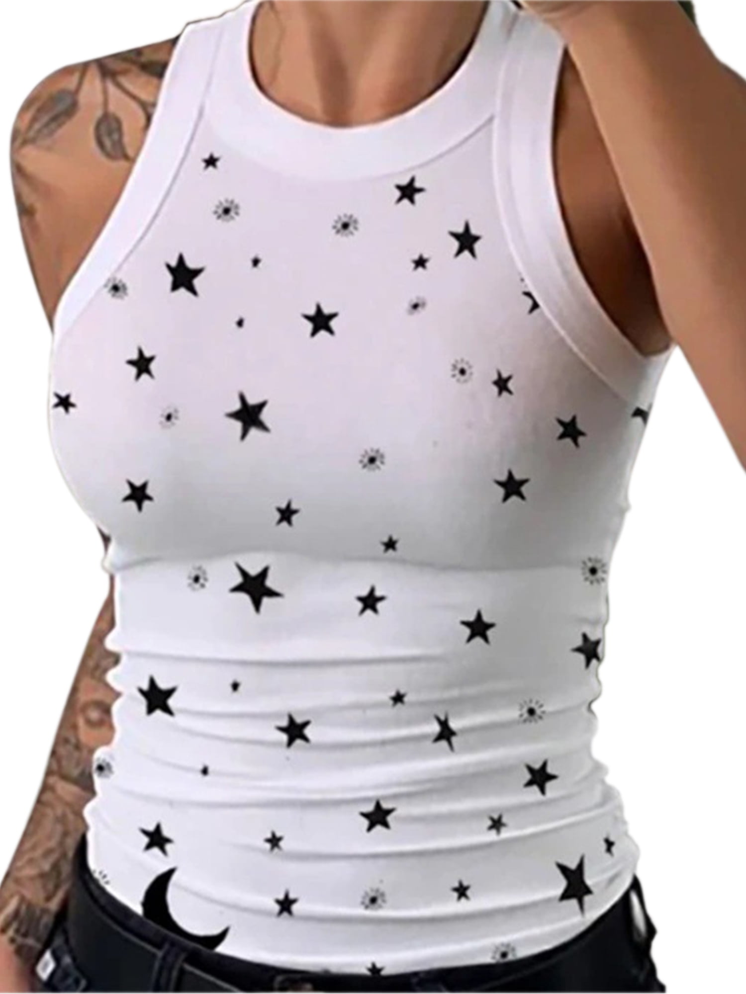 Women Racerback Tank Tops Casual Star Print Tees Shirt Sleeveless Workout  Yoga Shirt Blouse Vest Cami