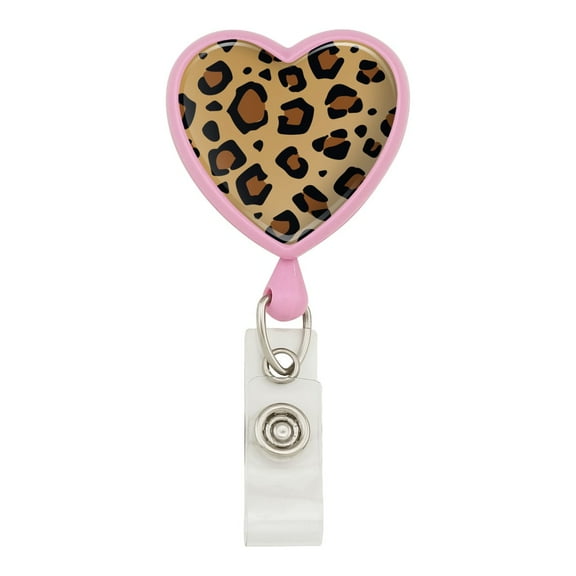 Leopard Print Animal Spots Heart Lanyard Retractable Reel Badge ID Card Holder - Pink