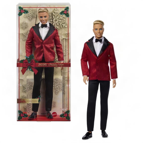 Barbie Signature 2026 Holiday Blonde Ken Collectible Fashion Doll wearing Full Suit with Red Jacket