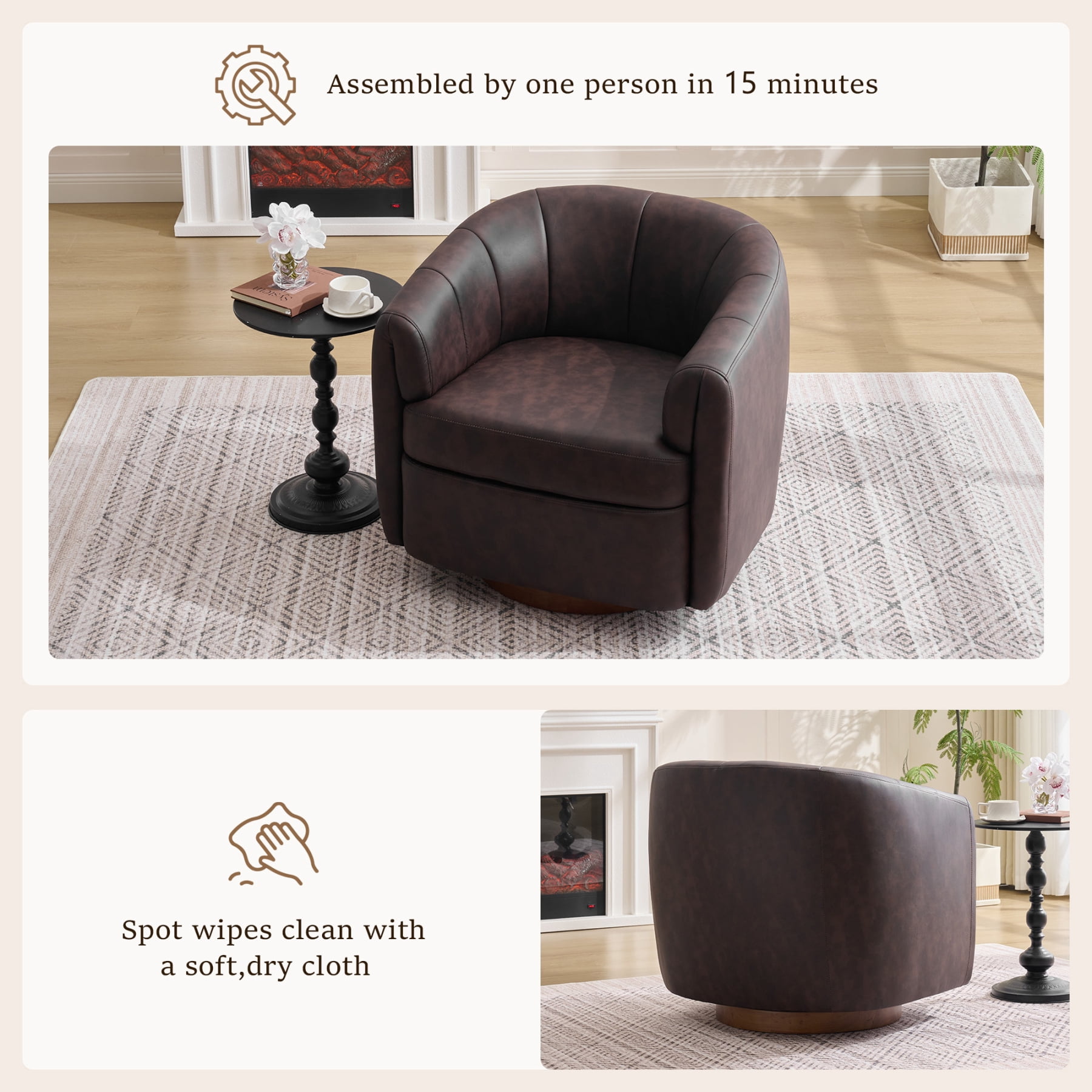 Leumius PU Leather Swivel Accent Chair, Upholstered Armchair with Solid Wood Base,Comfy Reading Chair With Curved Thickened Backrest,Dark Brown PU