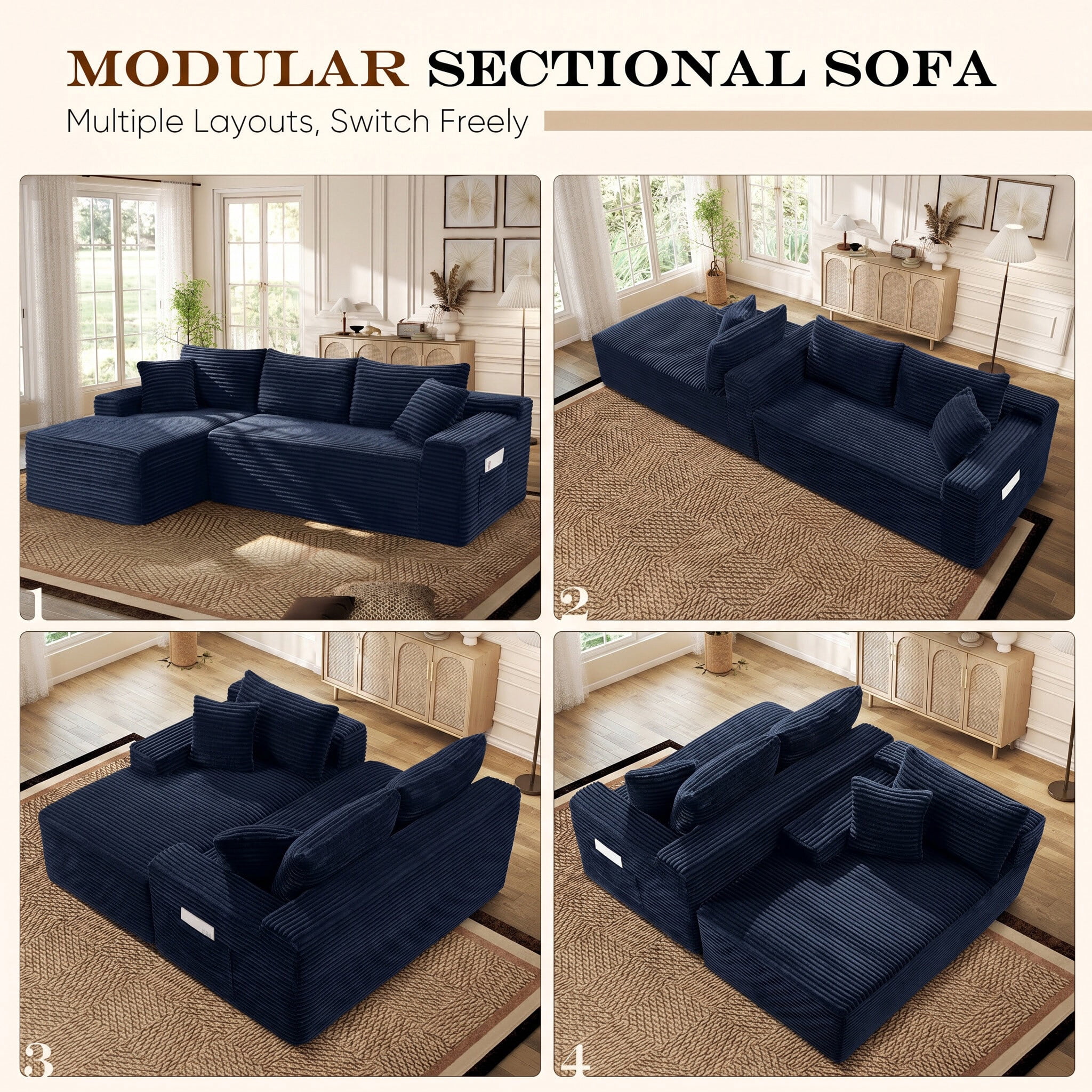 Lunale Small Modular Sectional Sofa with Movable Chaise, L-Shaped Boneless Cloud Couch for Living Room, Blue (Left Facing Chaise)