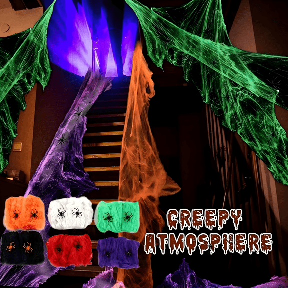 SINKOO 6 Pack Halloween Spider Web Decoration,400 sqft Colorful Spider Web Haunted House Bar Decoration Supplies Cobweb Spider With Small Spider, Haunted House Props Halloween Outdoor Decorations