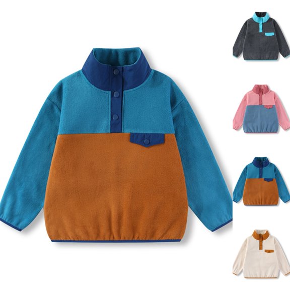Kids Fleece Sweatshirt Soft Warm Color Block Half-Button Top Stand Collar for Boys&Girls Cozy Winter Layering Piece,Sky Blue,130