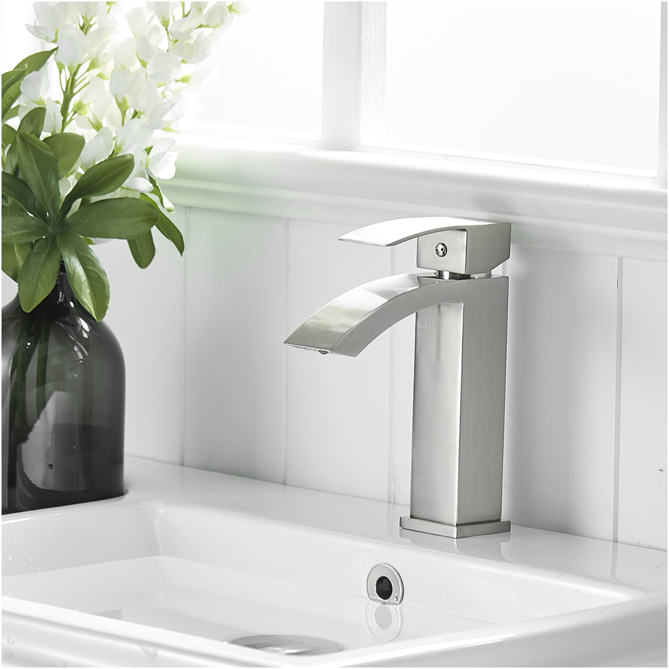 JERFIT Modern Single Handle Bathroom Sink Faucet, Brushed Nickel Waterfall Single Hole Vanity Basin Faucet with Ceramic Cartridge