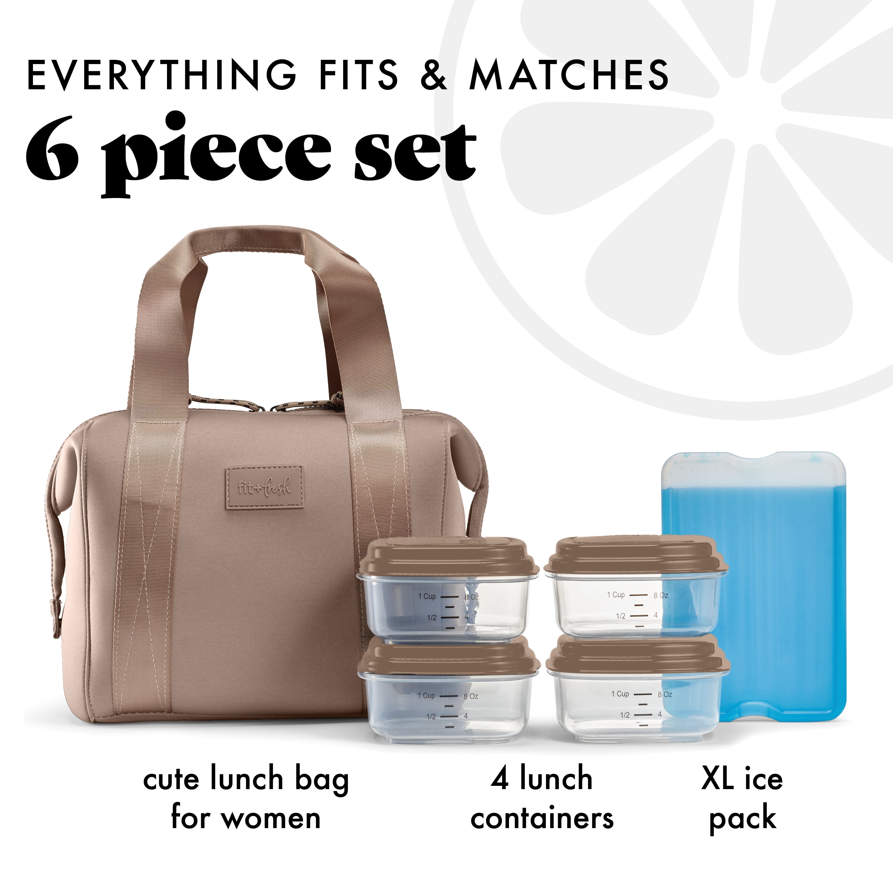 Fit & Fresh 4511CX3480 Remi Women's Lunch Bag, Self Insulating Neoprene Material Lunch Box With Containers & Ice Pack, Taupe