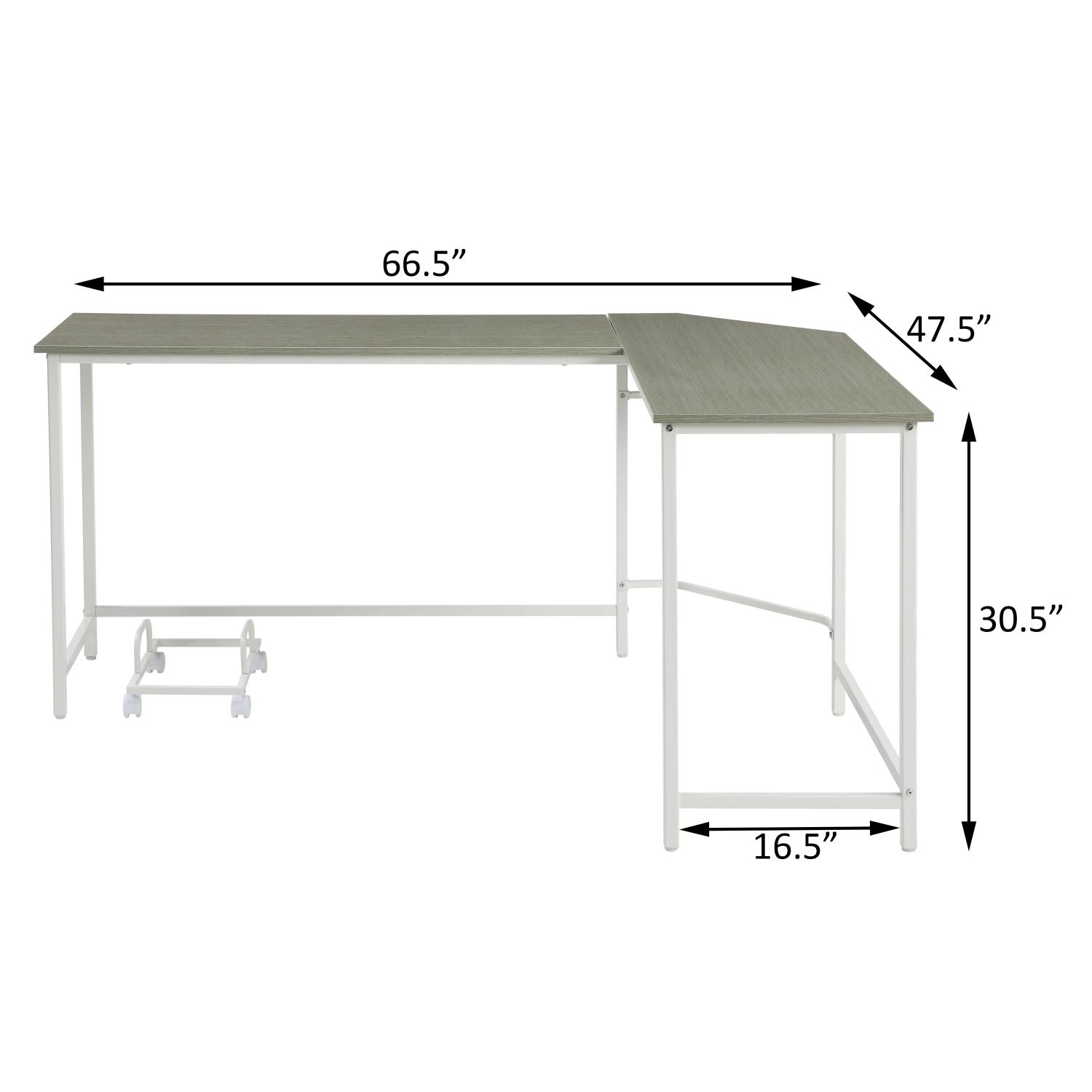 L-Shape Computer Desk with Mobile CPU Holder, Wood and Metal Corner Workstation, 66.5 in, Modern Home Office Desk