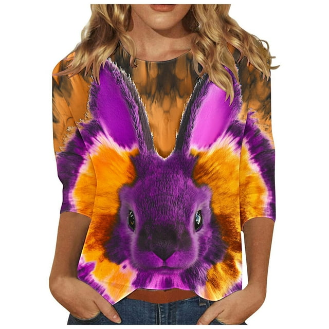 ZVAVZ Chandails de Pâques Chrétiens pour Femmes, Mode Féminine Imprimé Fleuri Col Rond Manches 3/4 Chandail Décontracté Été Multicolore G