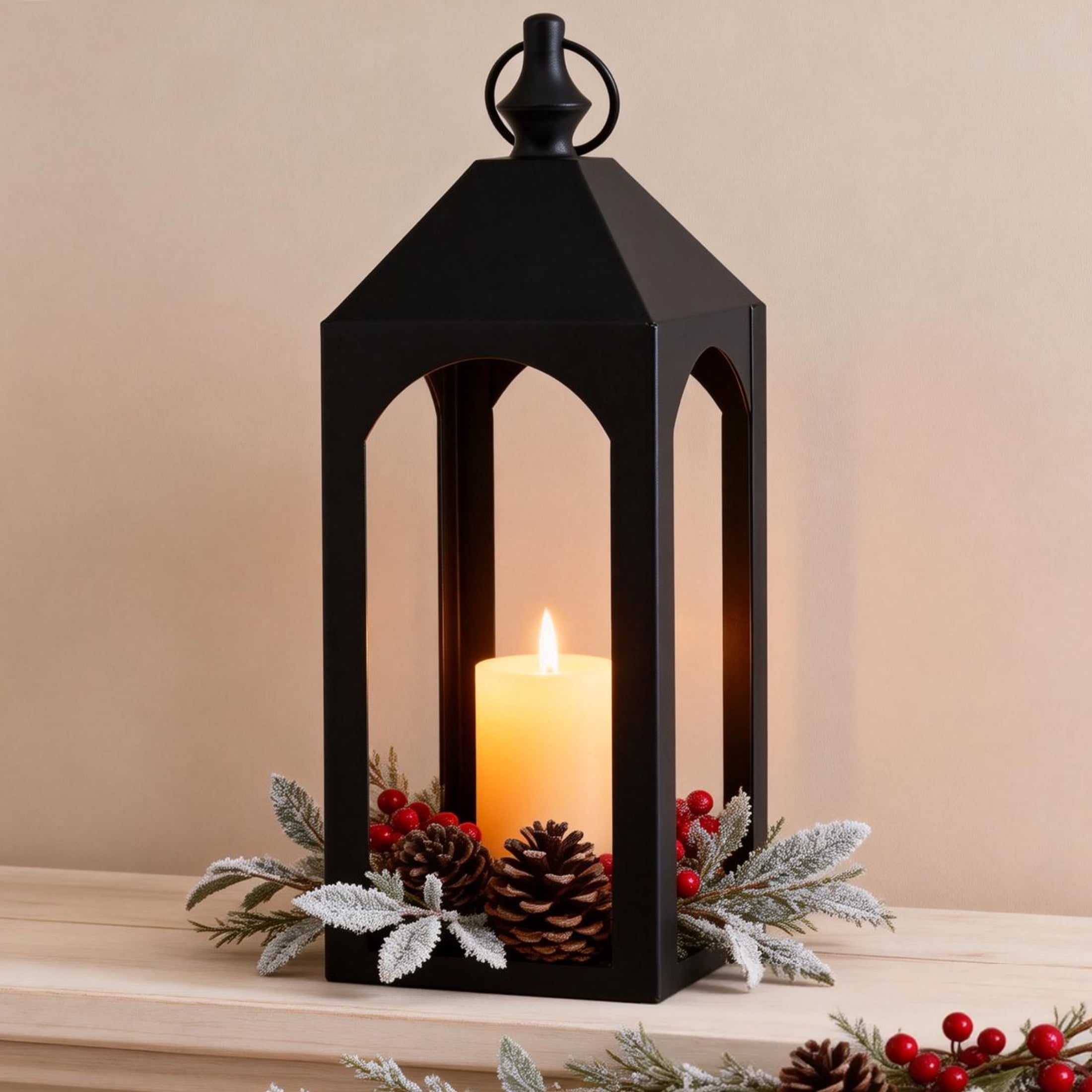 GARITIN 17" Black Metal Lantern Candle Holder, Outdoor & Indoor Decor for Patio, Garden, Porch, Pathway Lighting, House Warming Gift