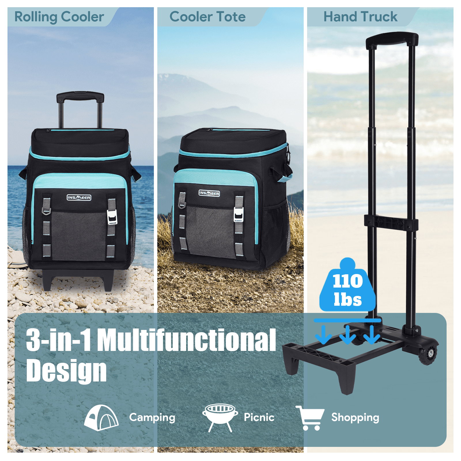 INSMEER Cooler with Wheels - 50L/80Cans Soft Cooler Bag, Insulated, Collapsible Rolling Cooler - Ideal for Beach, Camping, Travel, Picnic, Grocery Shopping