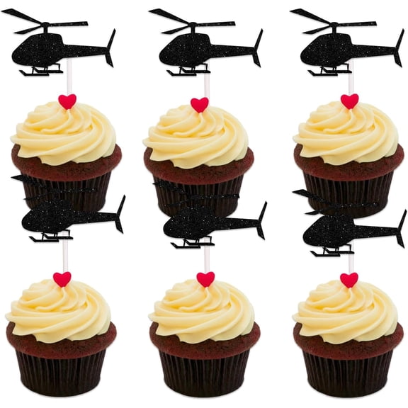 Airplane Cupcake Topper for Army Navy Air Force Theme Party Favors Decorations Men Women Kids Happy Birthday Baby Shower Party Decor Supplies set 10pcs Black Glitter