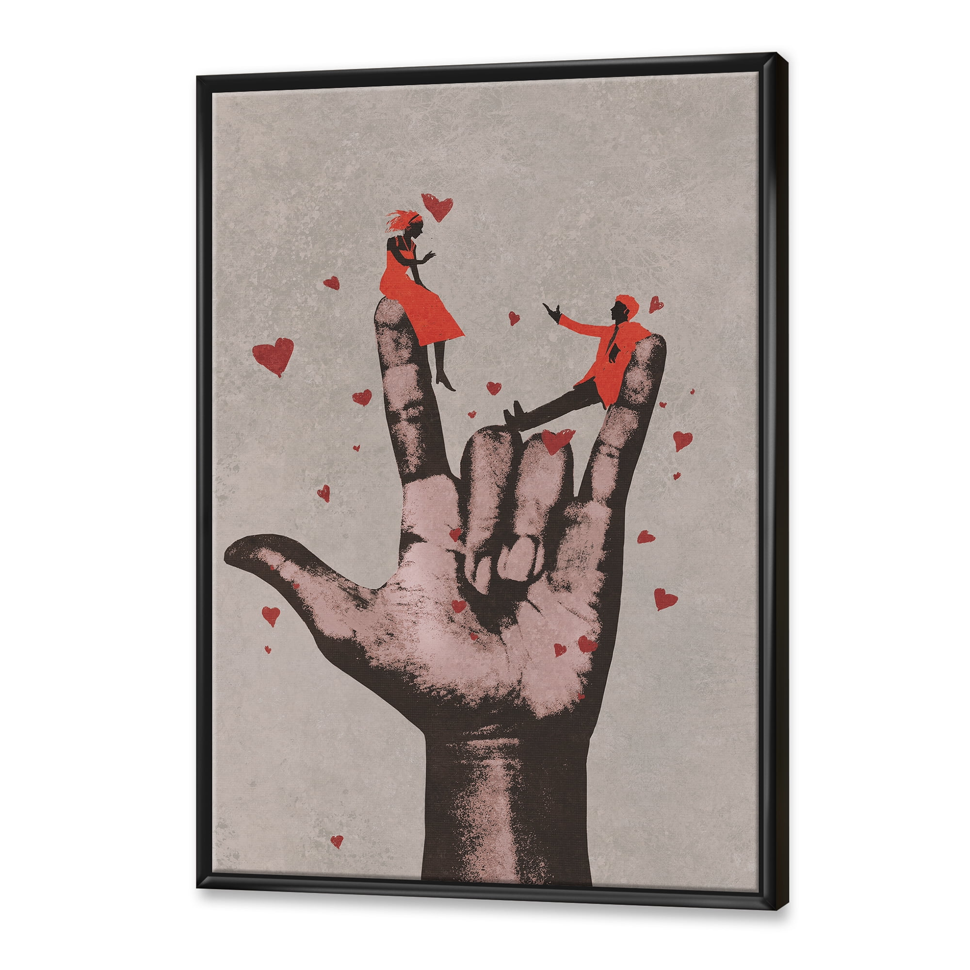 Designart 'I Love You Hand Sign With Romantic Couple' Modern Framed Canvas Wall Art Print