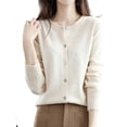 thumbnail image 3 of Women Solid Color Round Neck Long Sleeve Sweater Spring and Autumn All-Match Knitted Cardigan Jacket Beige L, 3 of 8