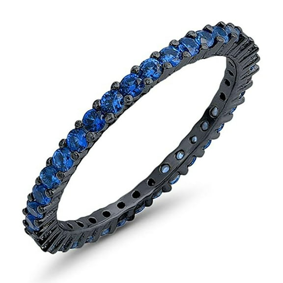Round 2 mm Blue Sapphire Full Eternity Wedding Band Stackable Ring 925 Silver Black Rhodium Gemstone Jewelry For Women Gift