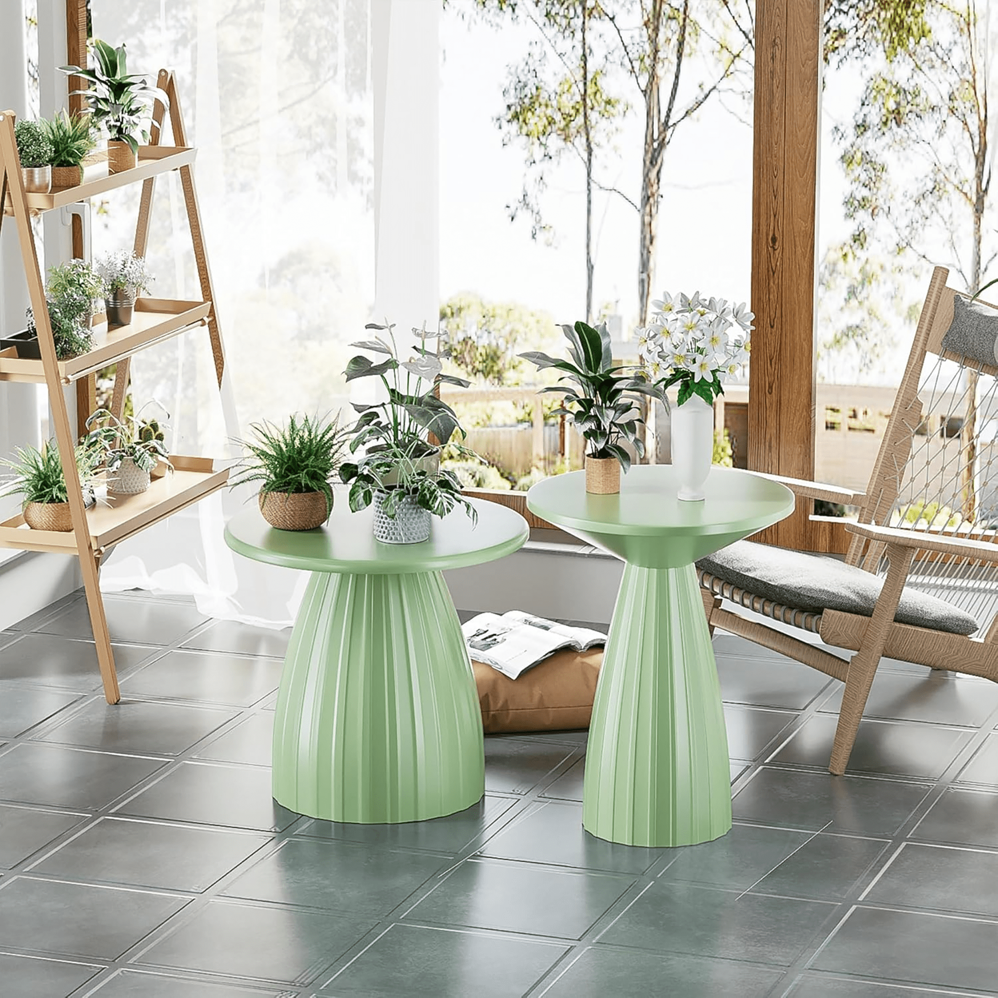 Outdoor Side Tables Set of 2, Small Round End Table, Weather Resistant Metal Steel Side Table for Patio Yard Balcony Garden Bedside, No Assembly, Green
