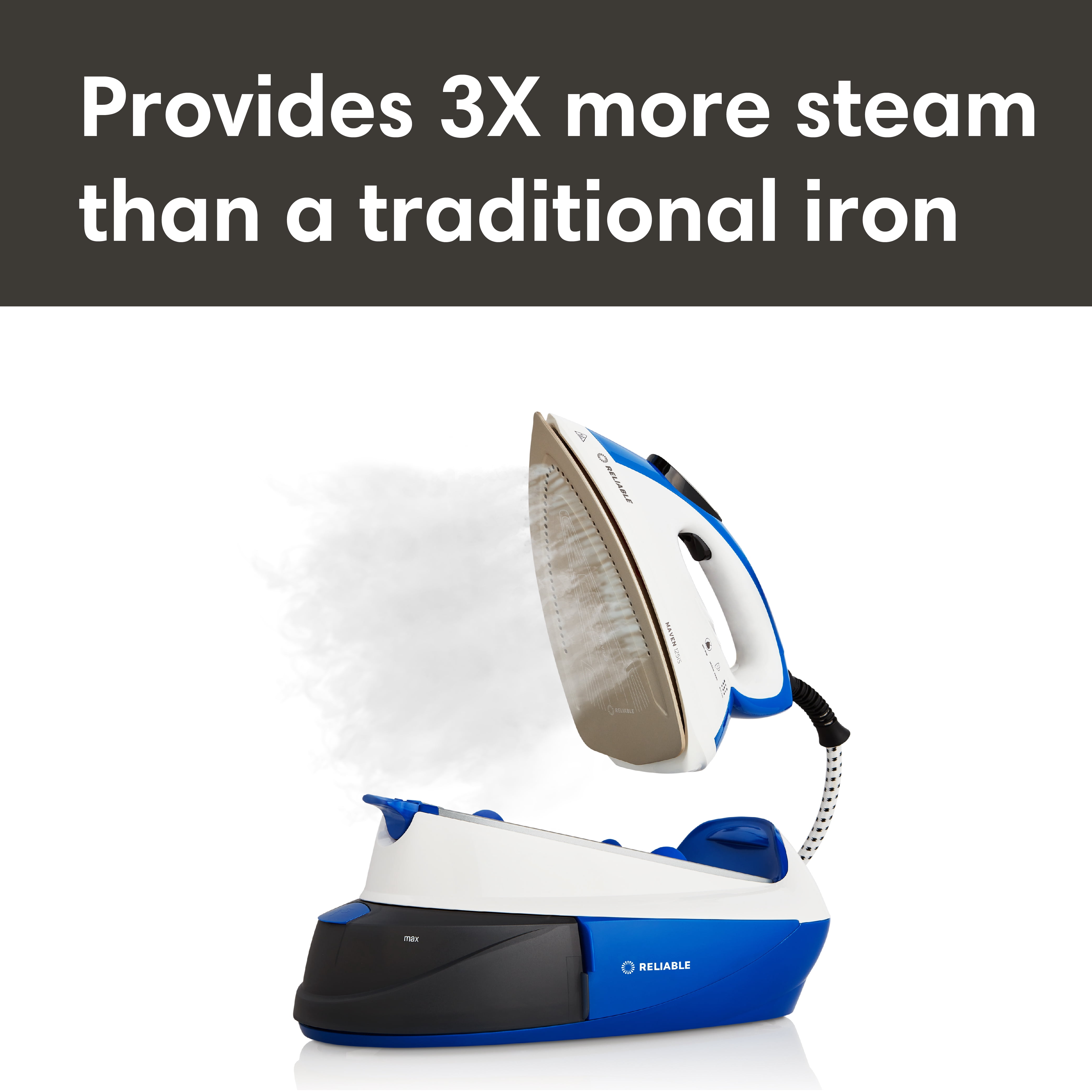 Reliable Maven 1L Home Ironing Station with Ceramic Soleplate and Auto Shut-Off, White & Blue