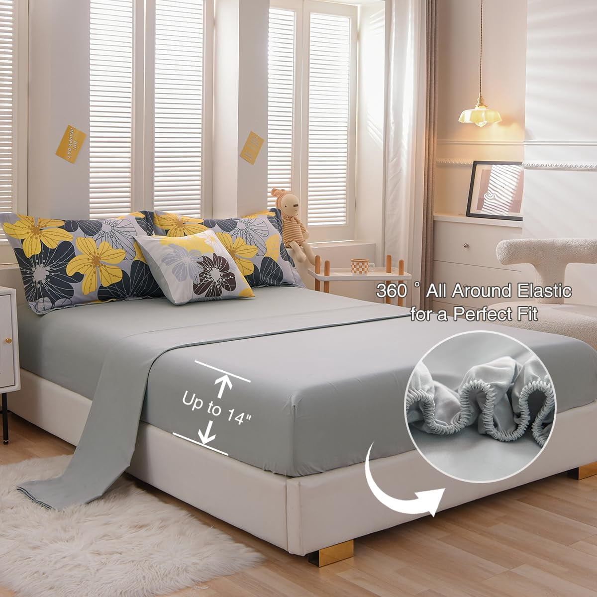 NTBED Floral Comforter Set Queen 6 PCS Bed in a Bag Yellow Flowers Printed on Grey Botanical Bedding Sets Boho