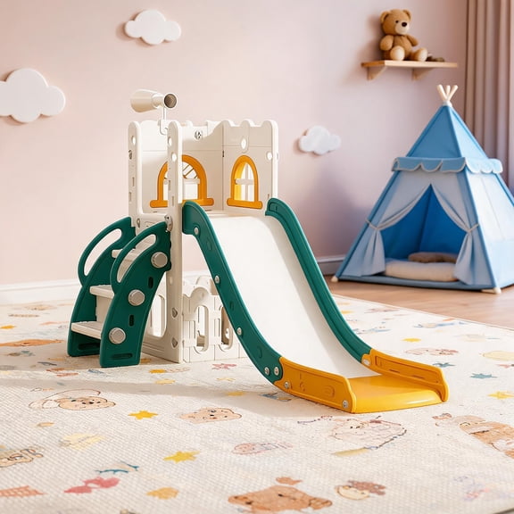 8-in-1 Toddler Slide Set Featuring HDPE Kids Slide for Indoor & Outdoor Play, Freestanding Climber Playset with Basketball Hoop, Tunnel, Telescope & Storage, Extra Long Slide for Kids Age 1-3