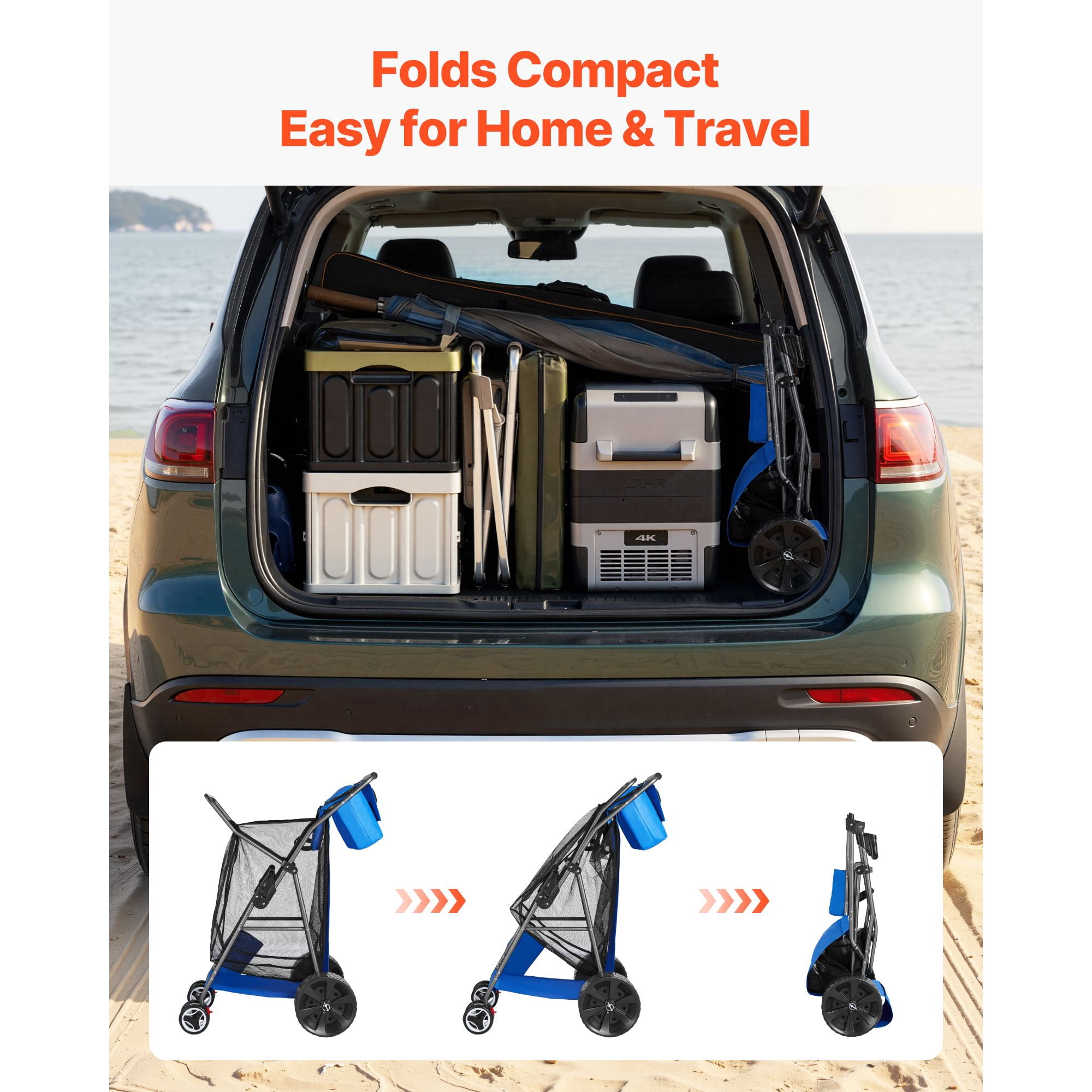 Beach Cart with Large Wheels for Sand, 165 lbs Load Capacity, Heavy Duty Folding Beach Wagon with 10" Solid Wheels, Insulated Cooler Bag, Umbrella Holder, Holds 4 Chairs for Camping & Fishing