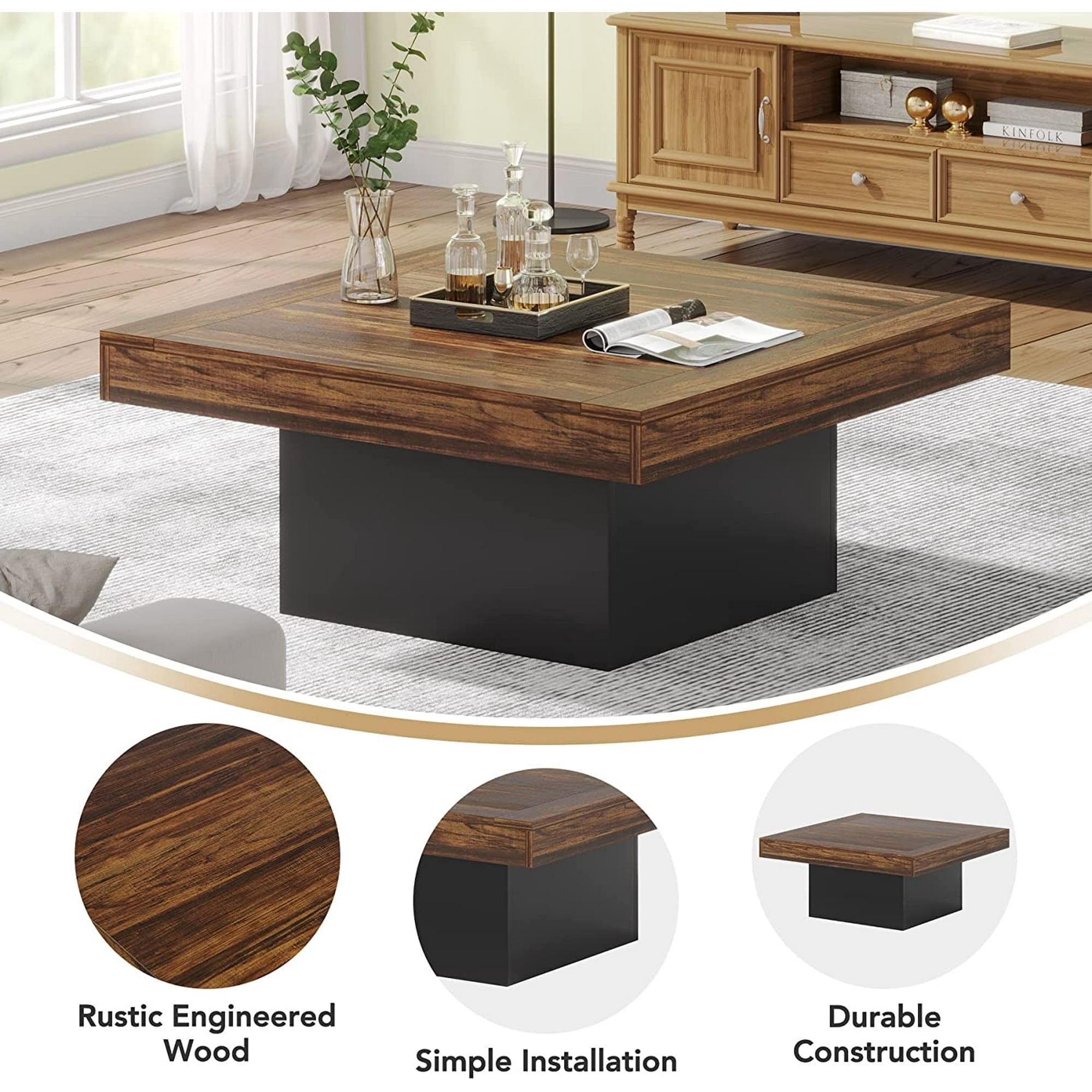 Finmind Squeare Coffee Table Modern LED Coffee Table Wood Coffee Table for Living Room Rustic Brown & Black Low Coffee Table