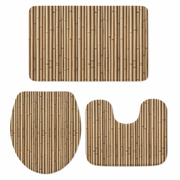 Yellow Bamboos Bathroom Rugs Set Natural Vintage Bamboos Tree Plant Image Non Slip Absorbent Soft Bath Mats 3 Piece Set with Bathroom Rug, U-Shaped Floor Mat, Toilet Seat Cover Small Size