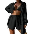 thumbnail image 1 of Mujeres Verano 2 Piezas Ropa Conjuntos Color Sólido Turn-Down Cuello Camisas de manga larga y pantalones cortos de cintura elástica Playa Conjunto de vacaciones Nituyy Conjunto de camisa de color sólido, 1 of 5