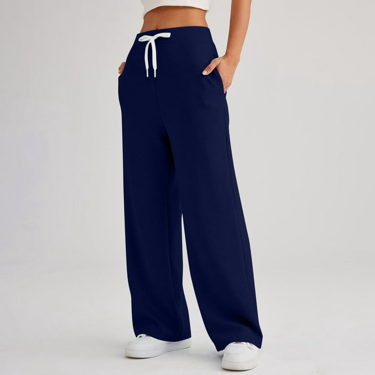 TQWQT Women's Wide Leg Sweatpants Casual Trendy Trending Loose Fit Comfy  High Wasited Elastic Waist Jogger Winter Sweat Pants with Pockets Light  Navy XL 