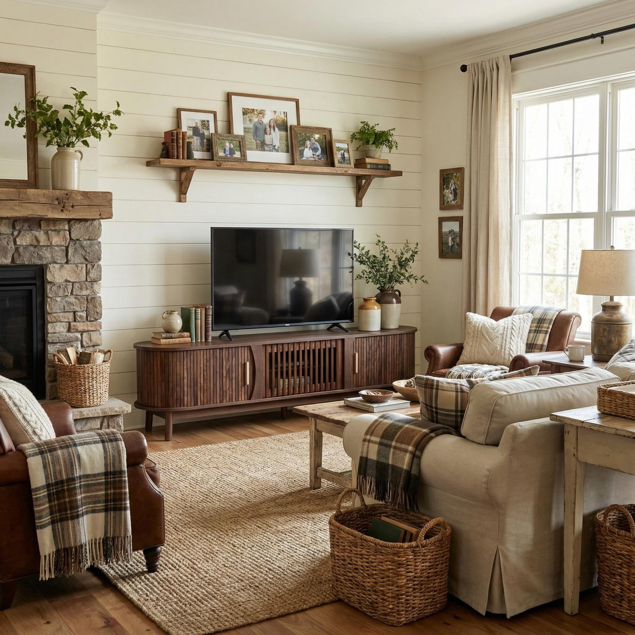 Homy Casa 66.9 in Farmhouse TV Stand for TVs up to 75 in with Sliding Doors and Storage Cabinet