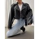 thumbnail image 4 of -Chaqueta corta de piel sintética para mujer, abrigo negro con cremallera y cinturón, ropa de calle para motorista, novedad de primavera, 4 of 5