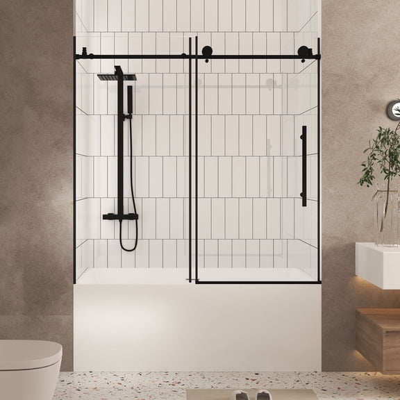 60 in. W x 60 in. H Frameless Bathtub Shower Door with 1/4 "(6 mm) Clear Tempered Glass, Matte Black