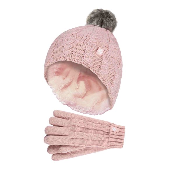 Heat Holders - Girls Bobble Pom Pom Hat and Gloves Set | Turn Over Cuff Hat & Cable Knit Gloves