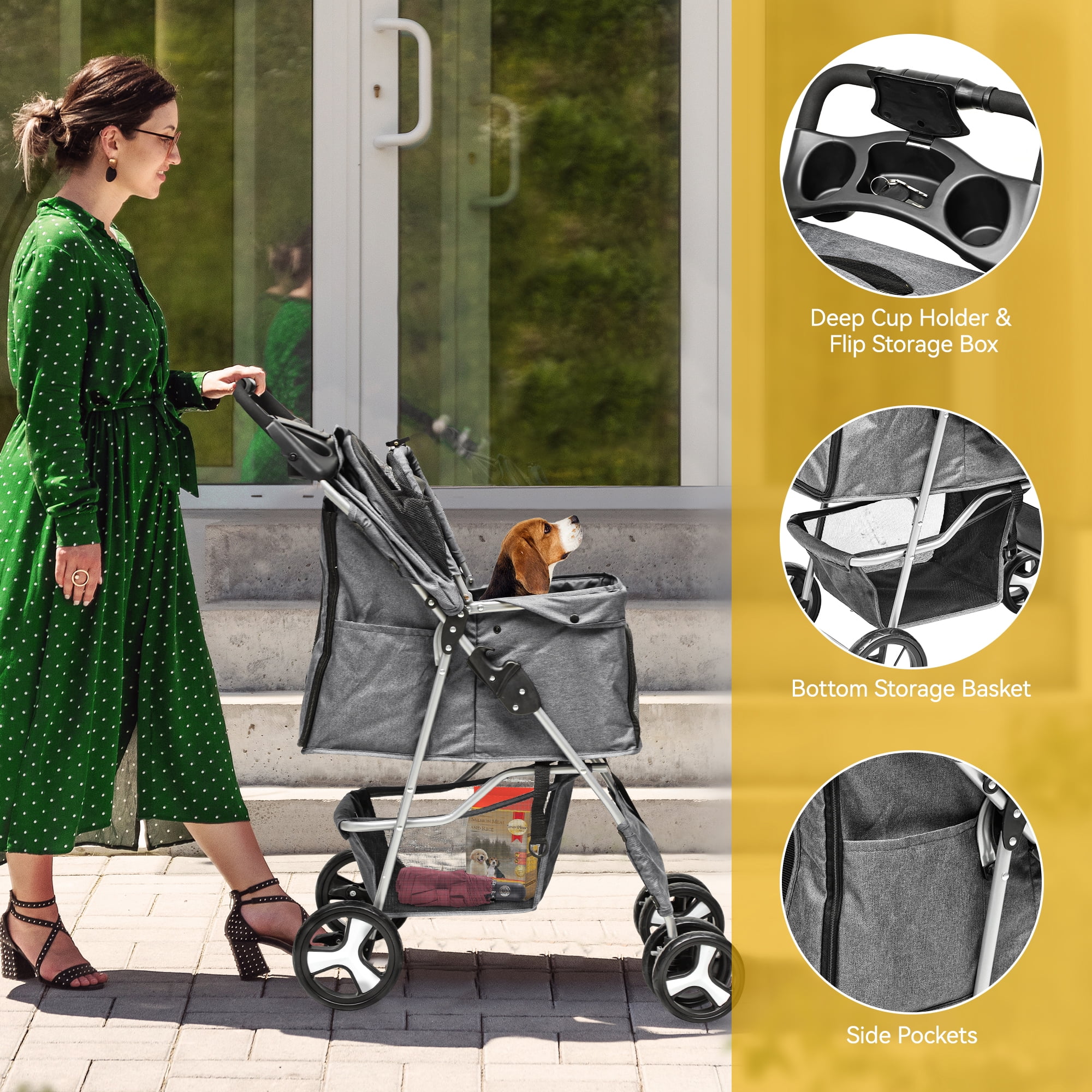Dextrus 4-Wheel Foldable Dog Stroller with Storage Basket & 360° Rotating Wheels – Lightweight Pet Stroller for Small to Medium Dogs and Cats, Gray