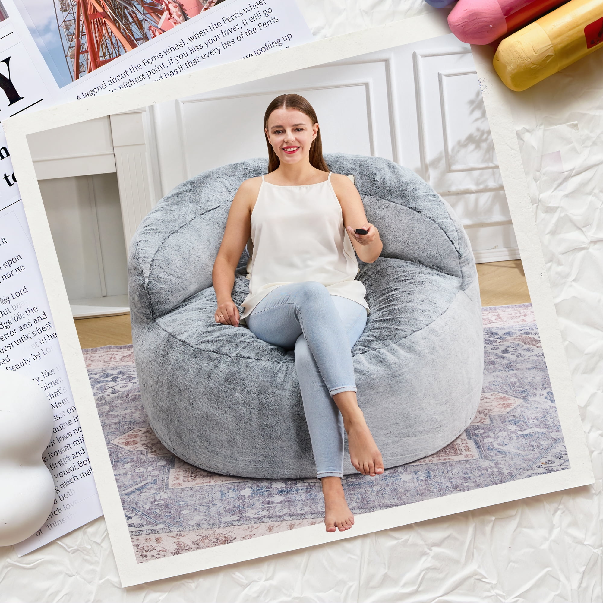 Hobestluk 3FT Bean Bag Chair for Adults with Memory Foam Filler Giant Beanbag with Faux Fur Cover for Bedroom (Plush Grey,Large)