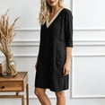 thumbnail image 6 of Vetsdori Black Women's Solid Color V-Neck Lace 3/4 Sleeve Linen Shift Dress Casual Flowy Summer, 6 of 9
