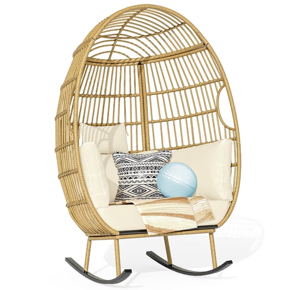 Dextrus Indoor Outdoor Rocking Egg Chair, Wicker Patio Rocking Basket Chair with 385lbs Capacity, All-Weather Oversized Egg Lounger Chair - Beige