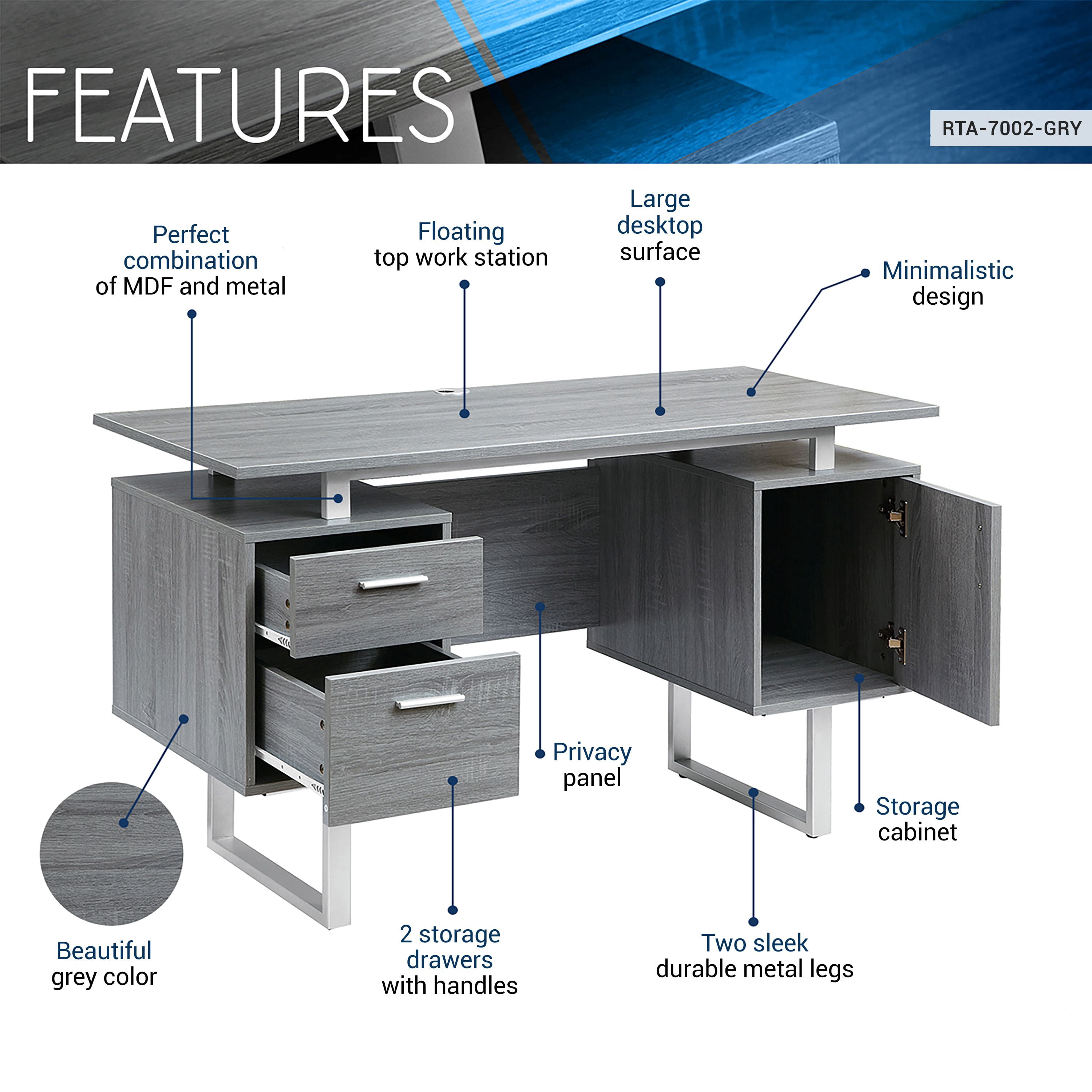 Techni Mobili Modern Adult Office Desk with Drawers and Storage, 51.25" W, Gray/Silver