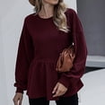 thumbnail image 2 of Women Fall Top Long Latern Sleeve Crewneck Ruffle Hem Pure Color Drop Shoulder Blouse for Lady, 2 of 5