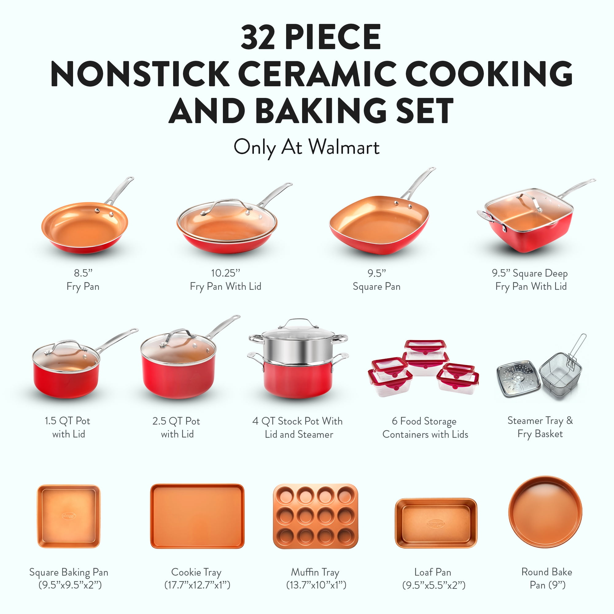 Gotham Steel 32 Pcs Pots and Pans Set Non Stick, Ceramic Pots and Pans Set, Ceramic Cookware Set with Bakeware and Premium Food Storage Set, Non Stick Pot and Pan Set, Red