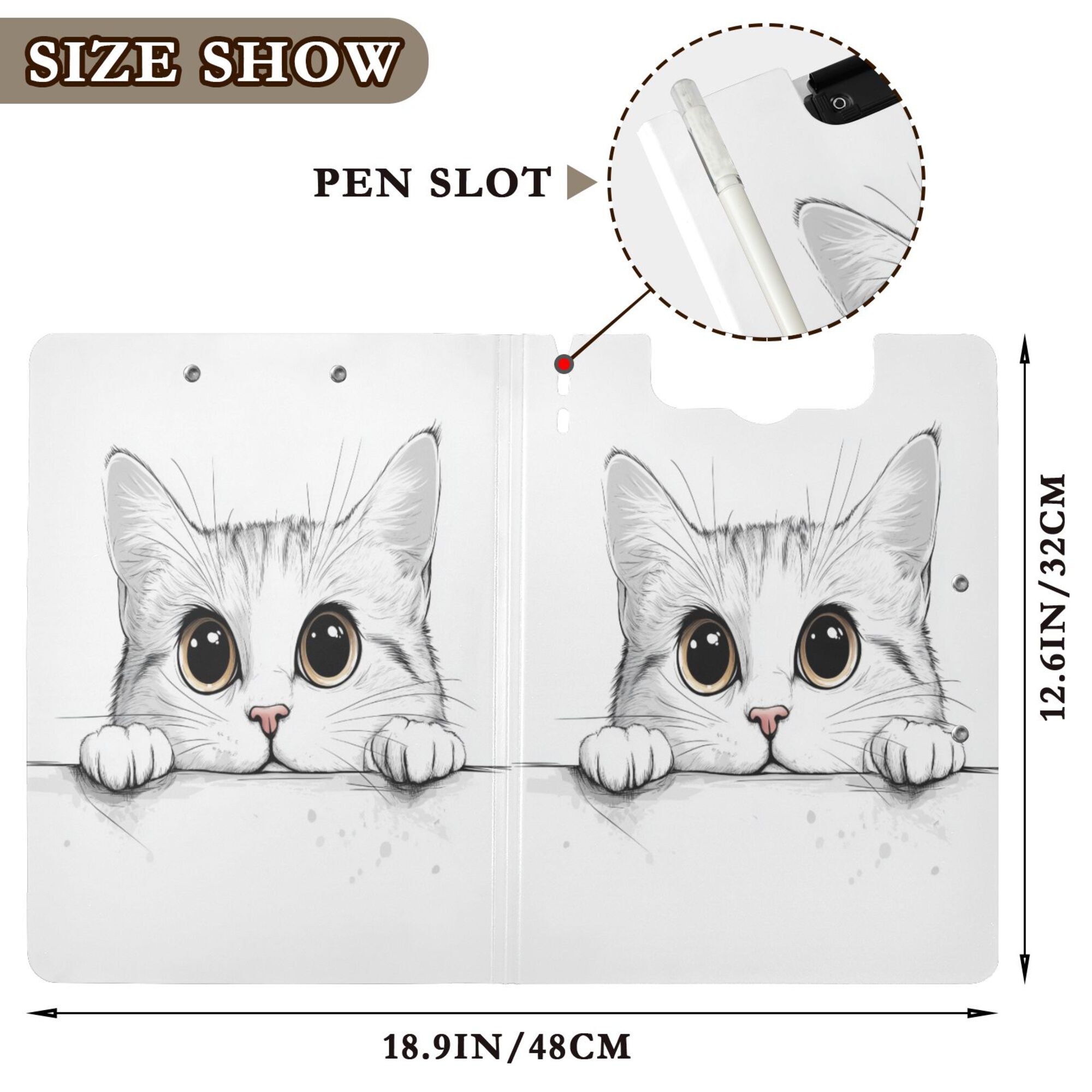 FORMRS A4 Clipboard Folder with Pen Holder Horizontal Foldable School Office Binder, White Cat