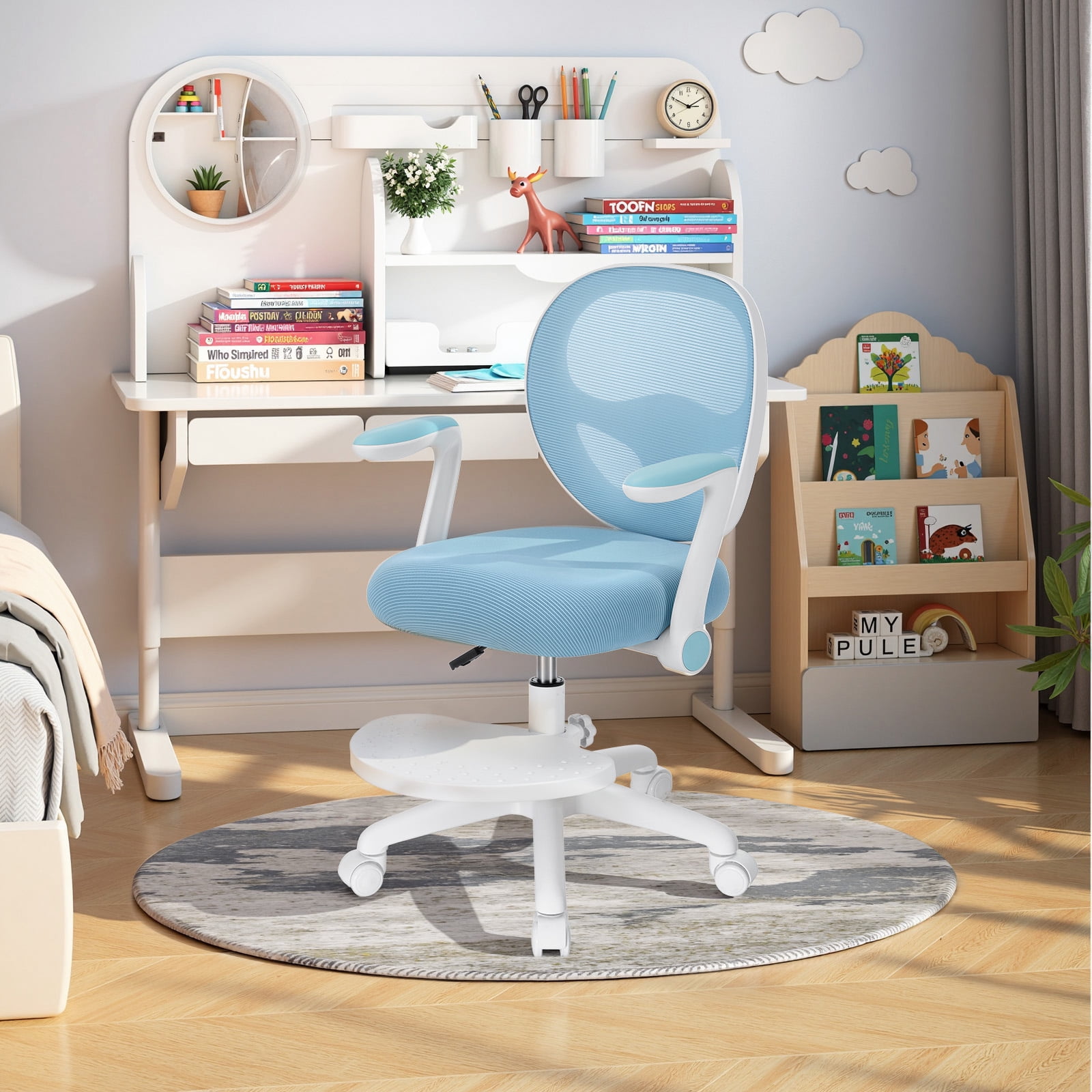 Hoffree Kids Desk Chair with Flipped Arms Wheels Ergonomic Study Chair with Footrest Adjustable Height Rolling Desk Chair for Teens Boys Girls in Study Room Blue