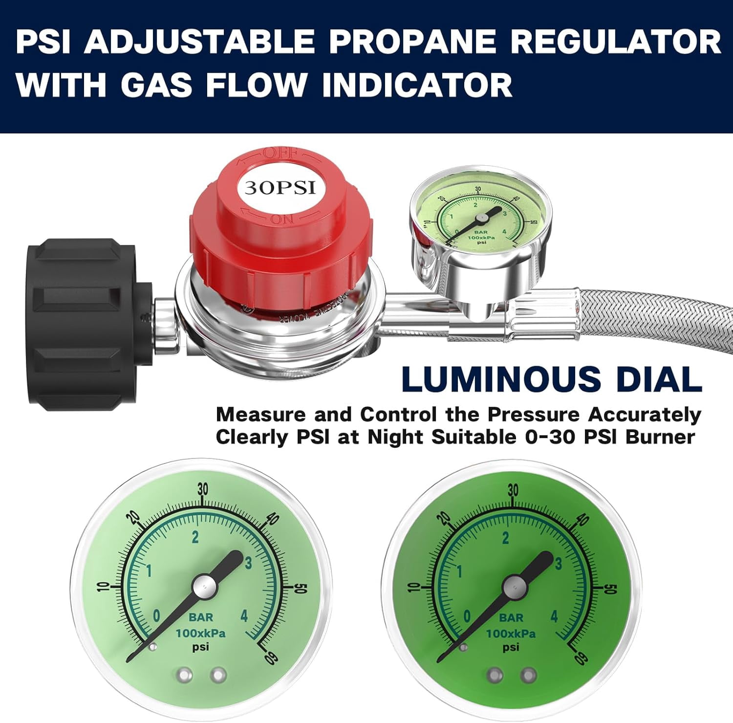 Upgraded 12 FT 0-30 PSI High Pressure Adjustable Propane Regulator with Gauge 0~60PSI Gas Flow Indicator, QCC1 x 3/8" Female Flare Fitting with 3/8 Flare x 1/8 MNPT, Stainless Braided Propane Hose