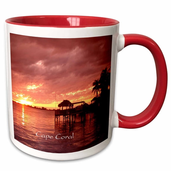 3drose, Image of Cape Coral Florida Coral and Yellow Sunset, 15oz Two-tone Red Mug