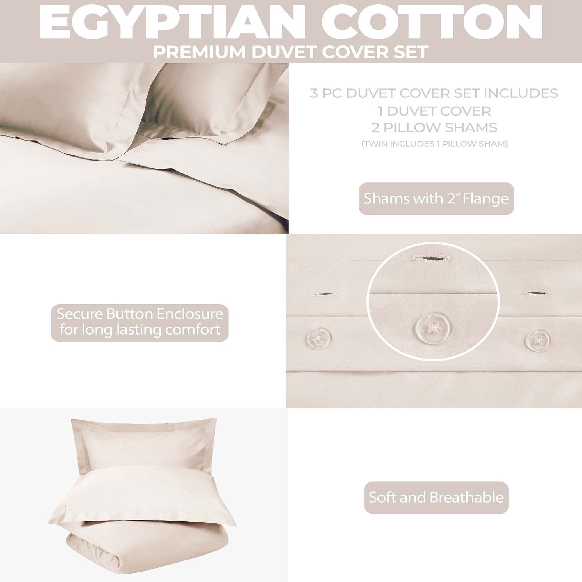 Superior Egyptian Cotton 300 Thread Count Duvet Cover Set, Twin, Ivory