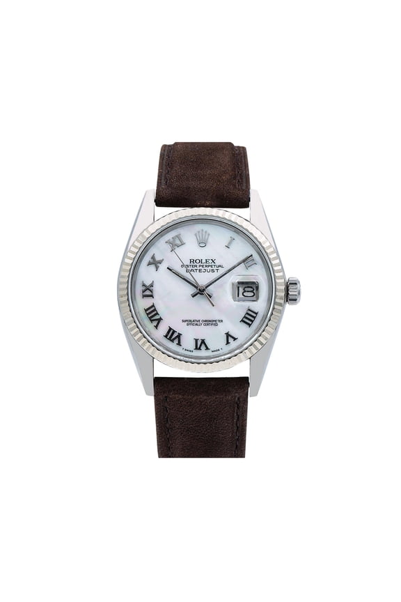 Pre-Owned Rolex Datejust 36MM 16014 White Mother of Pearl Roman Dial Fluted Bezel Brown Leather Strap