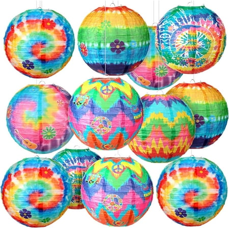 YLZSXIO 12 Pcs 60s 70s Hippie Groovy Party Hanging Paper Lanterns Tie Dyed Groovy Paper Lanterns Hippy Retro Flower Peace Sign Love Guitar Paper Lantern Decorative for 1960's Party Decoration Supplies
