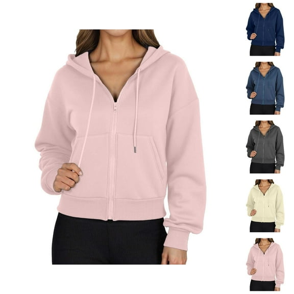 Tops for Women Women's Solid Sweatshirt A Short Long Sleeved Hooded Sweatshirt With High Pockets And Full Zippers For Women