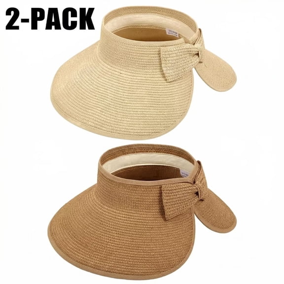 CALLINOX 2-Pack Womens Foldable Wide Brim Open Top Straw Sun Hat, Off-white and Khaki