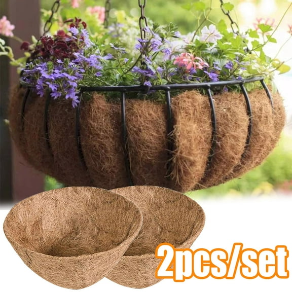 Travelwant 2Pcs Pre-Formed Replacement Round Coco Fiber Liner for Hanging Baskets Wall Flower Basket Coconut Fiber Plant Basket Liner for Garden Planter Flower Pot, 4 Different Sizes