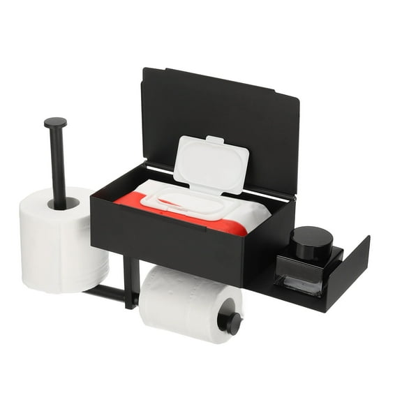 Toilet Paper Holder with Storage, 304 Stainless Steel Adhesive Wall Mounted Toilet Roll Holder with Extension Shelf for 2 Rolls, Wipes Dispenser for Bathroom Organizer(Black)