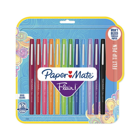 Paper Mate Flair Felt Tip Pens, Medium Point (0.7mm), Assorted Colors, 12