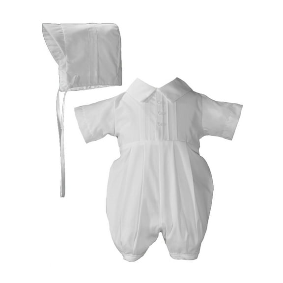 Boys Polycotton Christening Baptism Romper with Pin Tucking and Hat